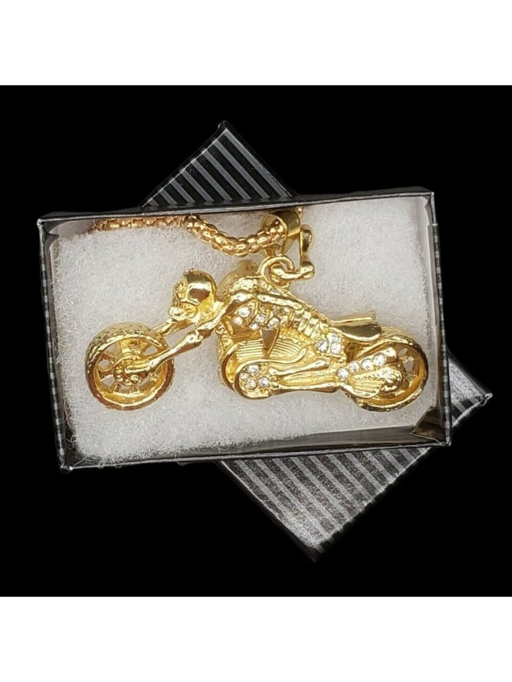 Halloween Skull Motorcycle Necklace with Gift Box Skeleton Gothic Rhinestones